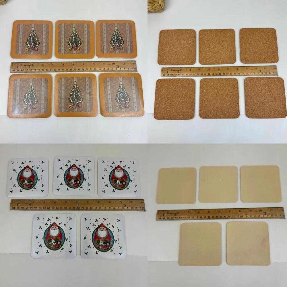 Vtg 11 Christmas Tree Santa Coasters Soft Hard‎ Holiday Decor Wicker Basket READ